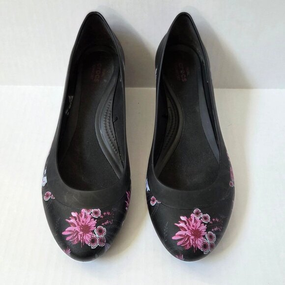 Crocs Shoes Womens 8 US Black Floral Purple Dual Comfort Lina Wedge Pumps - Picture 4 of 9